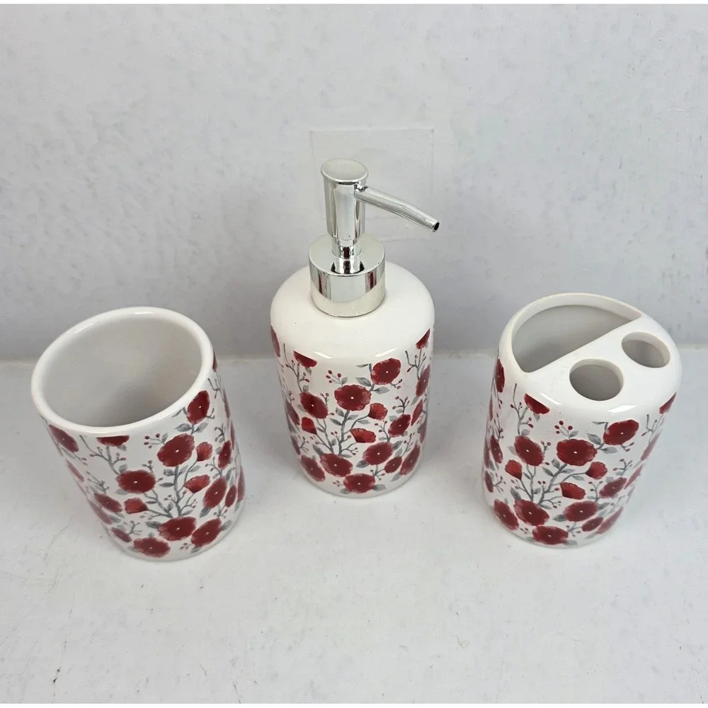 Modern Boho Ceramic Bathroom Accessories 3-Piece Set Red Floral Soap Dispenser - Picture 2 of 6